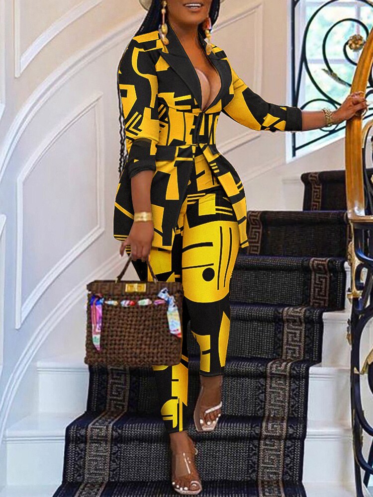 2022 New Women's Suit Notched Collar Geo Print Corset Blazer Coat & Pants Set Office Lady Daily Elegant Set 2 Pieces