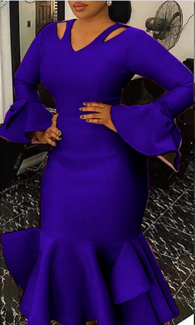2019 New Autumn Women V-Neck Flare Sleeve Solid Color Bodycon Hem Ruffles Pencil Dress Sexy Nightparty Club Dress44728