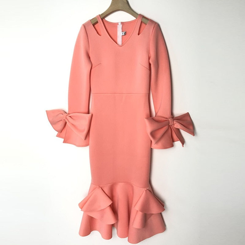 2019 New Autumn Women V-Neck Flare Sleeve Solid Color Bodycon Hem Ruffles Pencil Dress Sexy Nightparty Club Dress44728