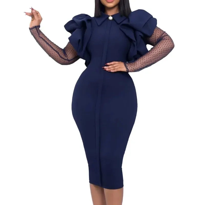 2023 African Dresses for Women Ruffles Patchwork Mesh Long Sleeve Elegant Office Ladies Work Wear Autumn Winter Midi Dress