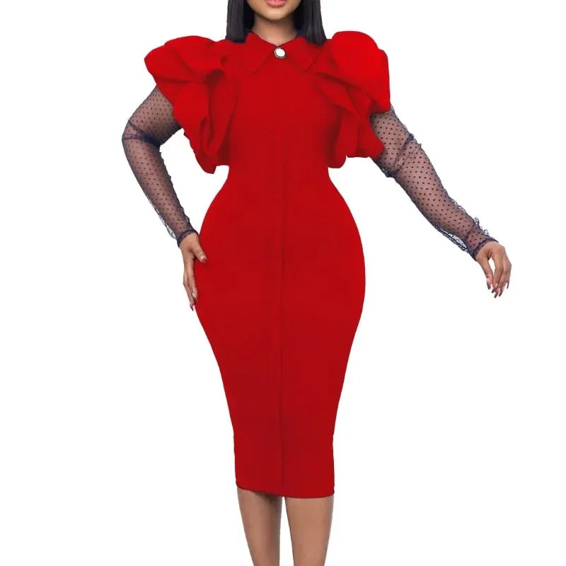 2023 African Dresses for Women Ruffles Patchwork Mesh Long Sleeve Elegant Office Ladies Work Wear Autumn Winter Midi Dress