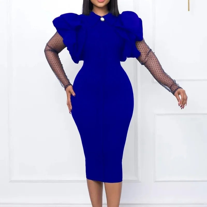2023 African Dresses for Women Ruffles Patchwork Mesh Long Sleeve Elegant Office Ladies Work Wear Autumn Winter Midi Dress