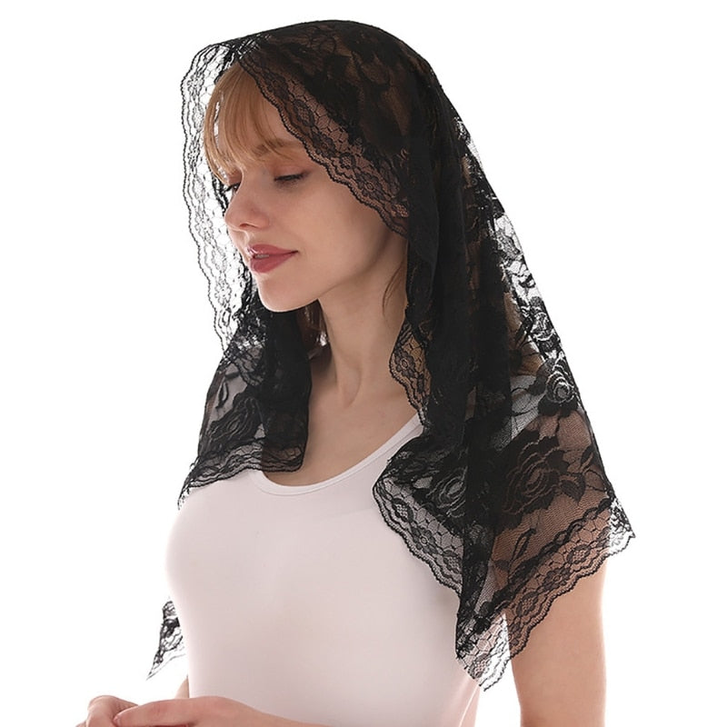 Spanish Style Lace Traditional Vintage Mantilla Veil Latin Mass Head Covering Scarf for Catholic Church Chapel Arc Shape