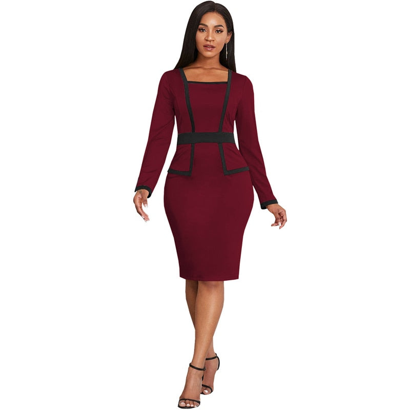 2022 Popular Women Elegant Office Work Church Dresses Fashion Long Sleeve Knee Length Formal Leisure Pencil Midi Dress