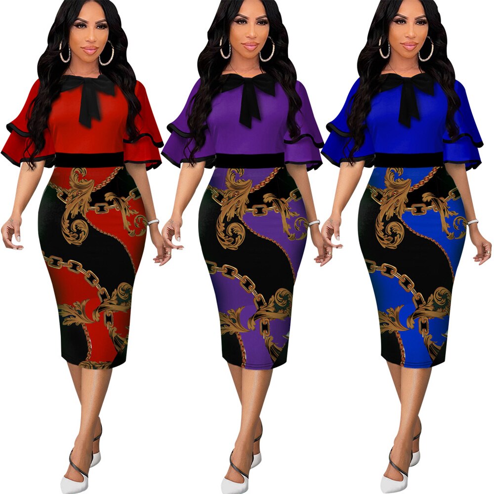 2022 New Arrivals Women Elegant Vintage Dresses Chain Print Ruffles Sleeved Bow Neck Knee Length Midi Dress Ladies Dinner Dress