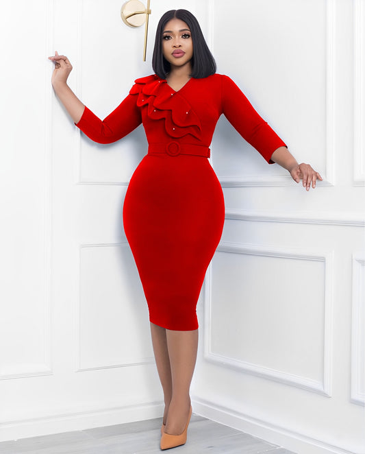 Autumn And Winter Fashion Dress Women's Solid V-Neck Long Sleeve Pencil Dress Elegant Commuter Fitted Dress