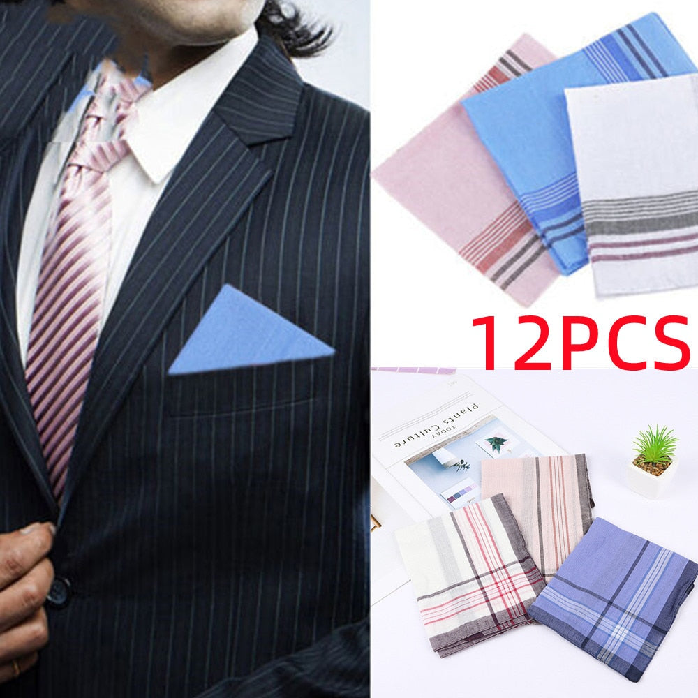 12 Pcs Men's Pocket Handkerchiefs Cotton Blend Sweat Absorbing Classic Fashion Lattice for Elderly Women's Universal Hanky Gift