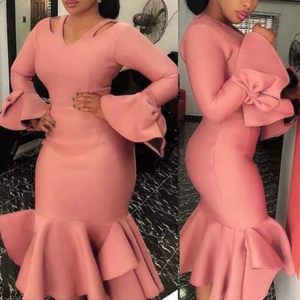 2019 New Autumn Women V-Neck Flare Sleeve Solid Color Bodycon Hem Ruffles Pencil Dress Sexy Nightparty Club Dress44728