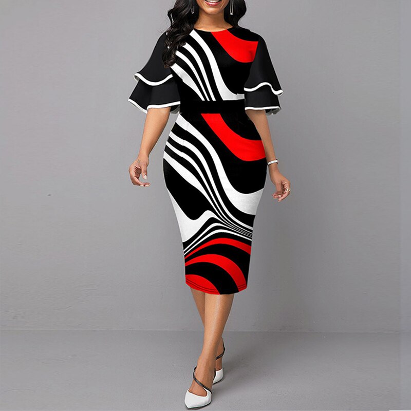 MISSJOY Women Sexy Ruffle Sleeves Slim Fit Colorblock Bodycon Dress Party Fashion African Workwear African Gown Vestido De Mujer