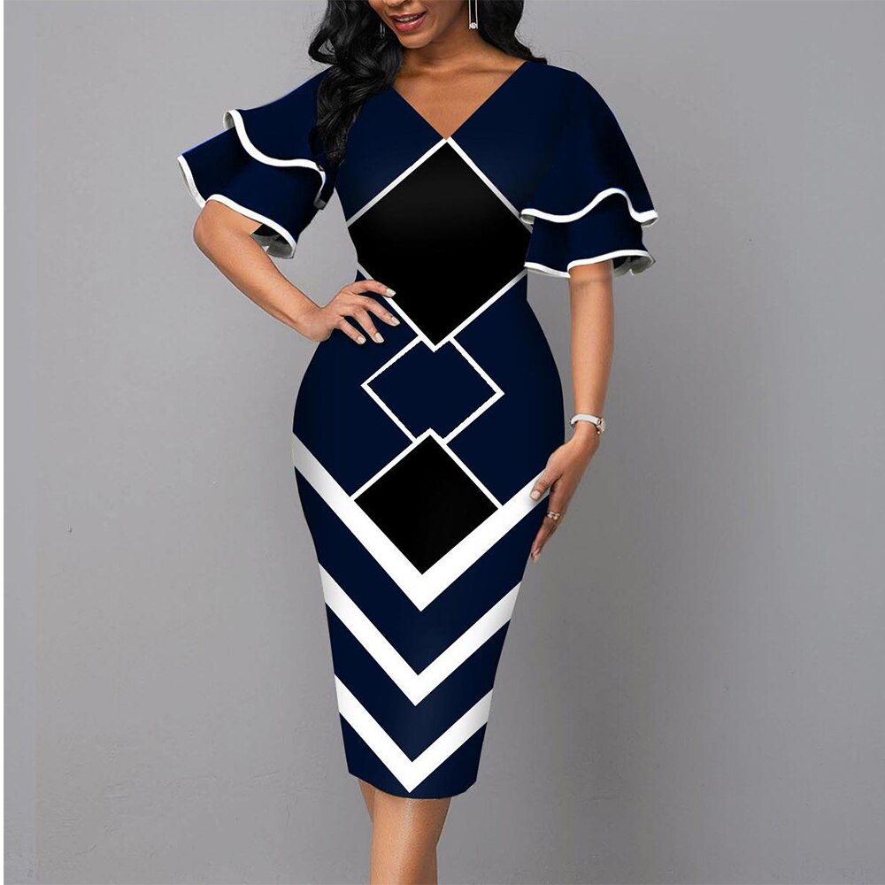 MISSJOY Women Sexy Ruffle Sleeves Slim Fit Colorblock Bodycon Dress Party Fashion African Workwear African Gown Vestido De Mujer