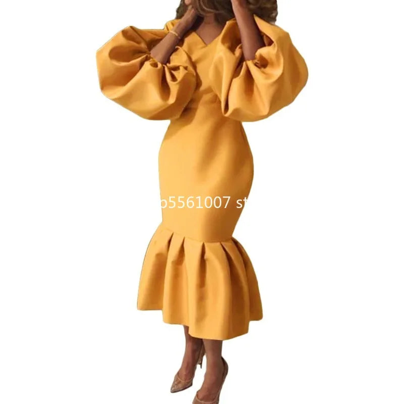 African Dresses for Women 2023 Spring African Women V-neck Long Sleeve Solid Color Dress African Clothes