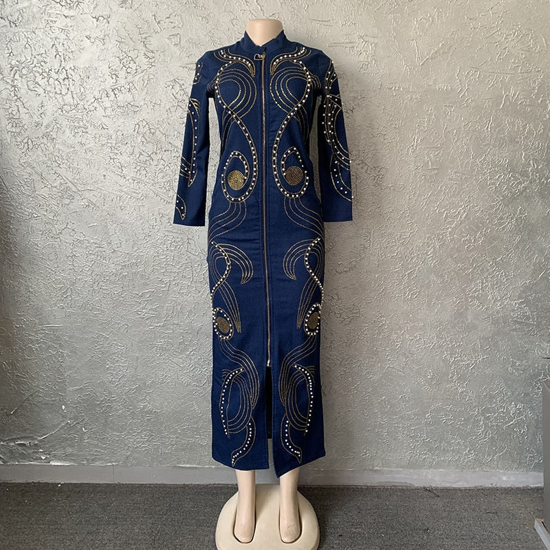 Denim African Dresses for Women 2023 Dashiki Diamond Plus Size African Clothes Long Sleeve Evening Party Dress Abaya Boubou Robe