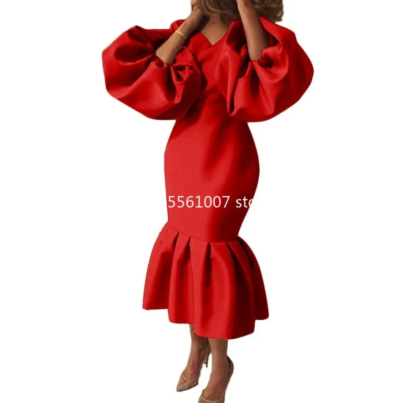 African Dresses for Women 2023 Spring African Women V-neck Long Sleeve Solid Color Dress African Clothes