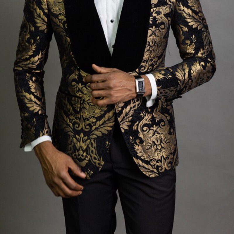 Floral Jacquard Blazer for Men Prom African Fashion Slim Fit with Velvet Shawl Lapel Male Suit Jacket for Wedding Groom Tuxedo