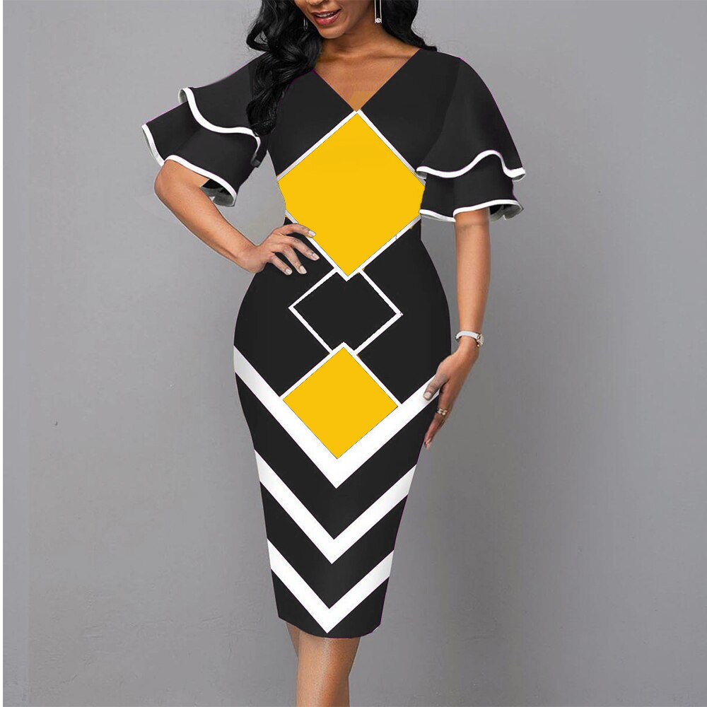 MISSJOY Women Sexy Ruffle Sleeves Slim Fit Colorblock Bodycon Dress Party Fashion African Workwear African Gown Vestido De Mujer