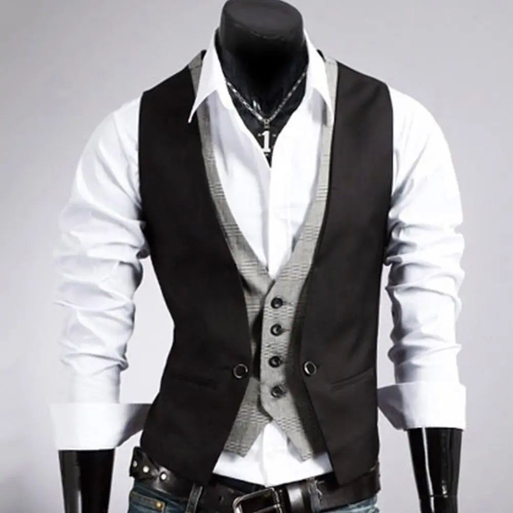 Two-pieces Men Fake V Neck Sleeveless Button Pocket Slim Waistcoat Jacket Fit Waistcoat chaleco hombre gilets sans manches