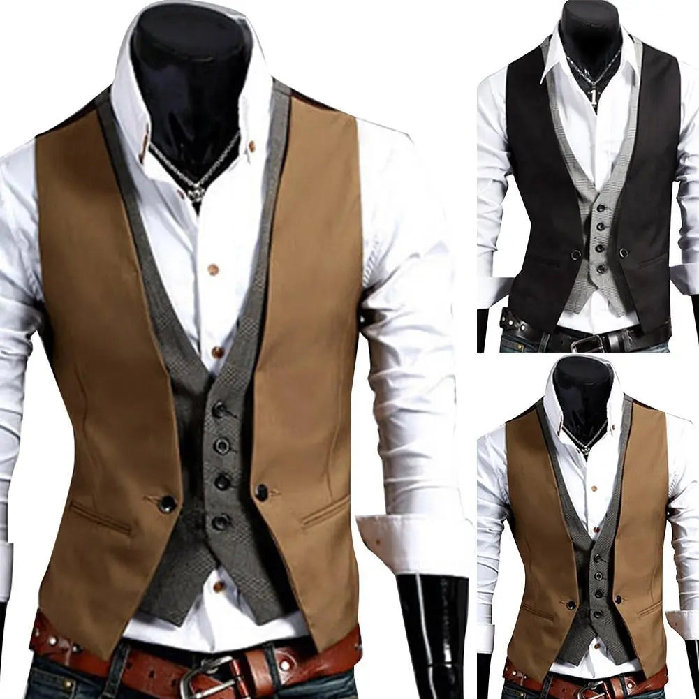 Two-pieces Men Fake V Neck Sleeveless Button Pocket Slim Waistcoat Jacket Fit Waistcoat chaleco hombre gilets sans manches