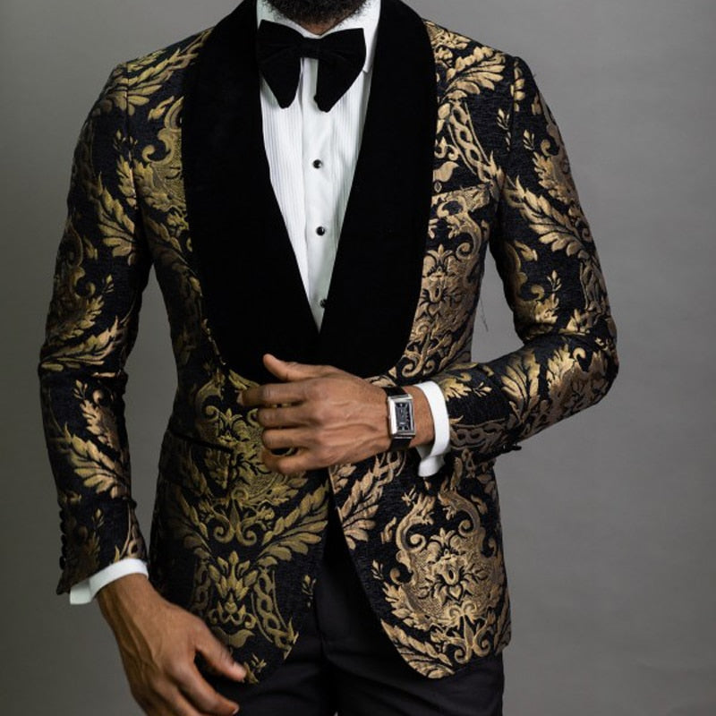 Floral Jacquard Blazer for Men Prom African Fashion Slim Fit with Velvet Shawl Lapel Male Suit Jacket for Wedding Groom Tuxedo