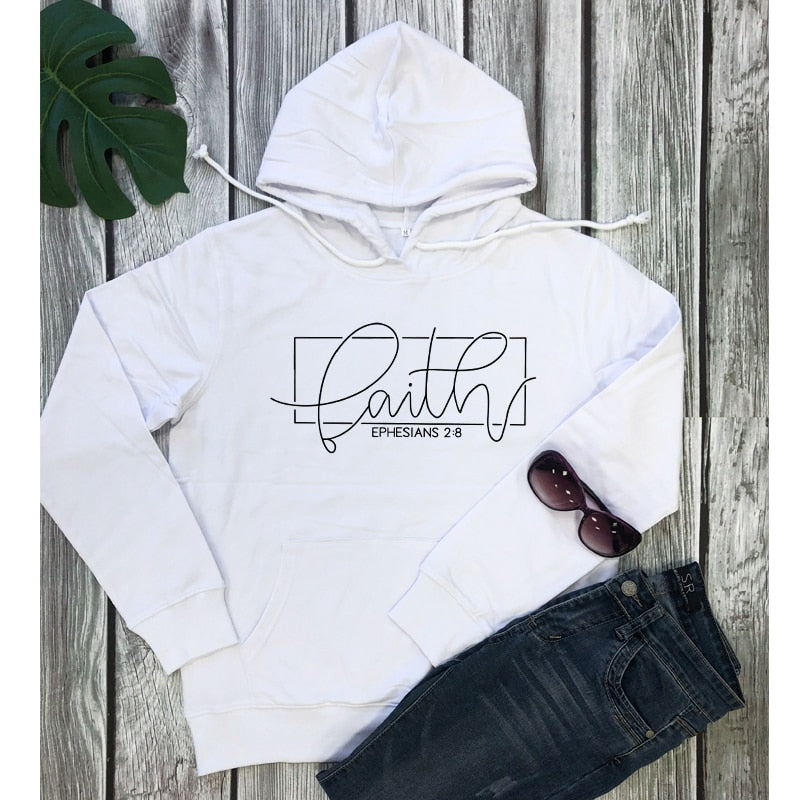 Faith Ephesians 2:8 Hoodies Casual Unisex Jesus Bible Verse Cotton Pullovers Women Scripture Christian Church Hooded Sweatshirts