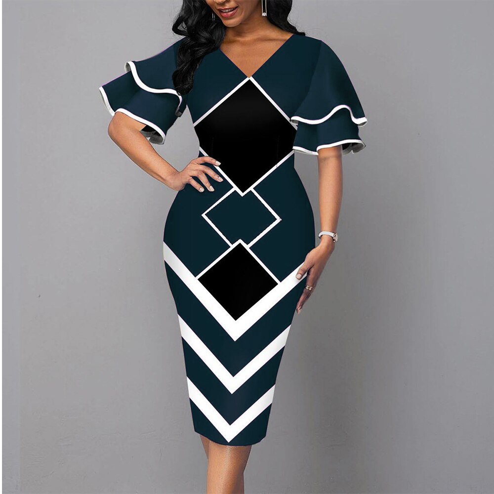 MISSJOY Women Sexy Ruffle Sleeves Slim Fit Colorblock Bodycon Dress Party Fashion African Workwear African Gown Vestido De Mujer