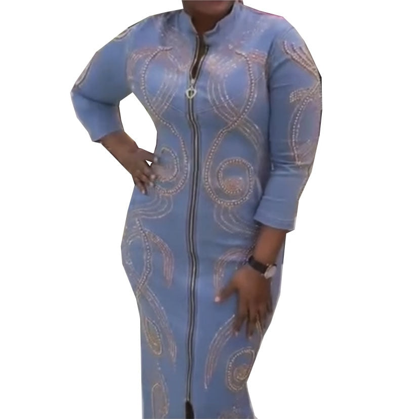 Denim African Dresses for Women 2023 Dashiki Diamond Plus Size African Clothes Long Sleeve Evening Party Dress Abaya Boubou Robe