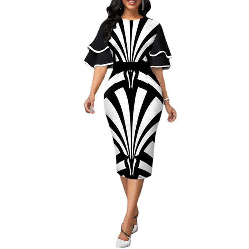 MISSJOY Women Sexy Ruffle Sleeves Slim Fit Colorblock Bodycon Dress Party Fashion African Workwear African Gown Vestido De Mujer