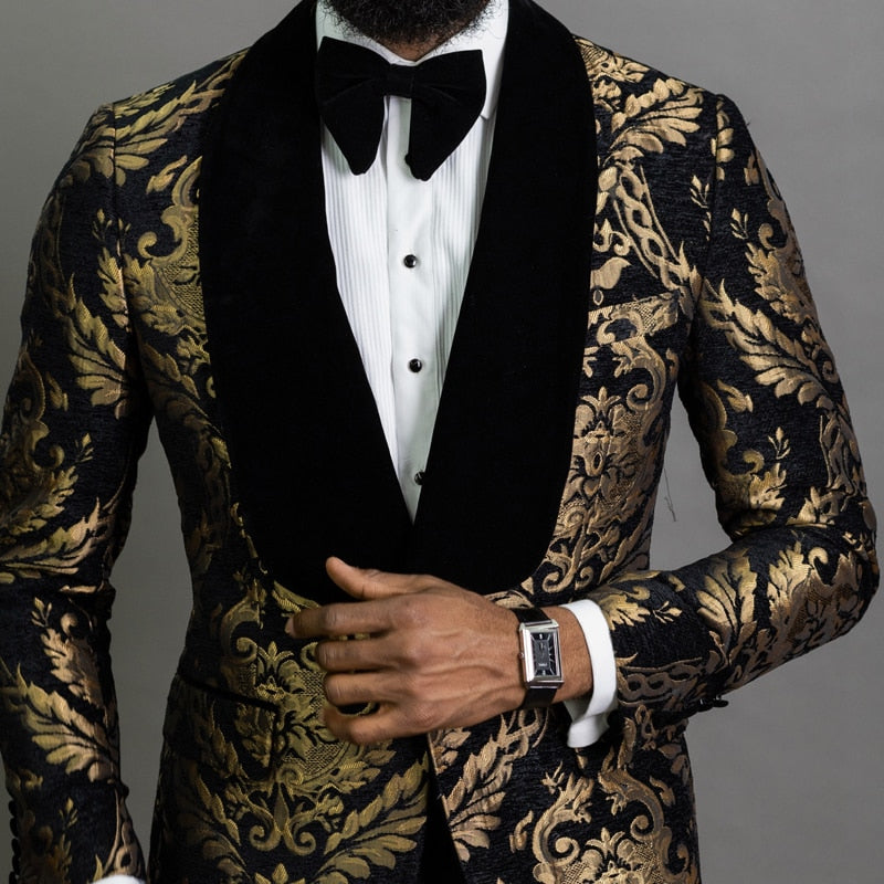 Floral Jacquard Blazer for Men Prom African Fashion Slim Fit with Velvet Shawl Lapel Male Suit Jacket for Wedding Groom Tuxedo