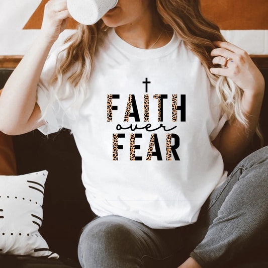 Leopard Faith Over Fear T-shirt Vintage Christian Inspirational Bible Verse Top Tee Women Religious Jesus Church Tshirt