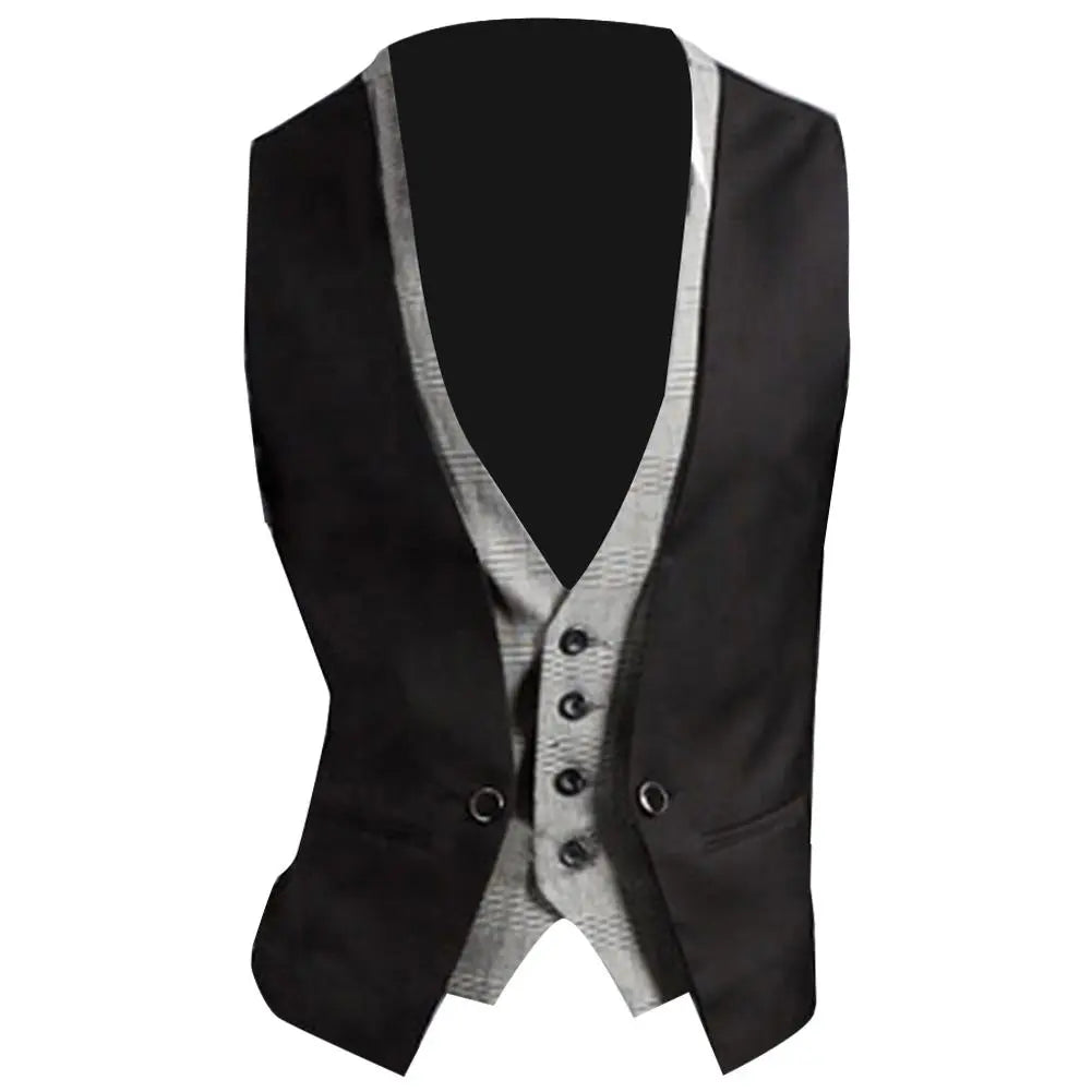 Two-pieces Men Fake V Neck Sleeveless Button Pocket Slim Waistcoat Jacket Fit Waistcoat chaleco hombre gilets sans manches