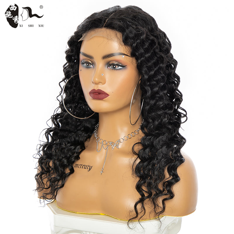 90% Human Hair Deep Curly T Part Lace Wigs African Black Wig Long Head Cover