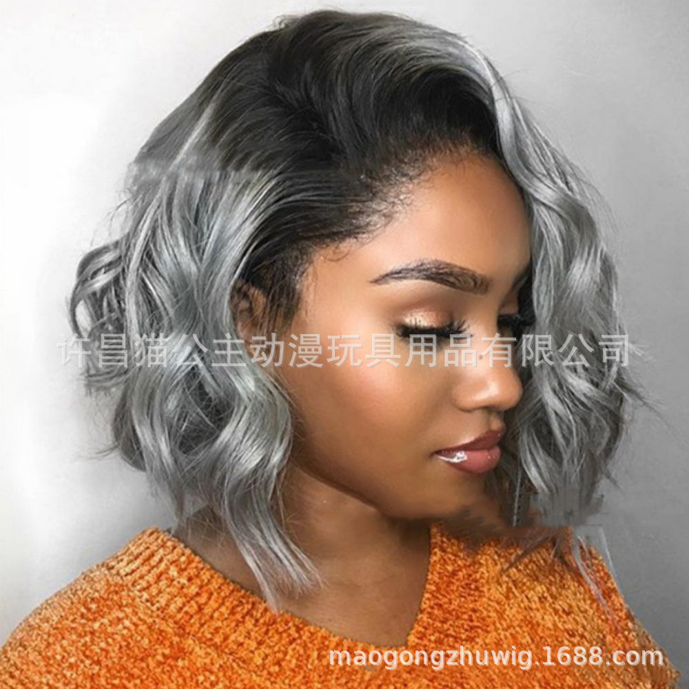 European and American Fashionable Women's Gradient Silver Gray Fluffy Wig