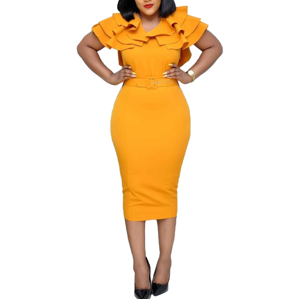 Fashion Women Dresses Summer 2022 Office Lady Solid Color V Neck Short Ruffled Sleeve Belt Bodycon Midi Dress New Vestidos Robe