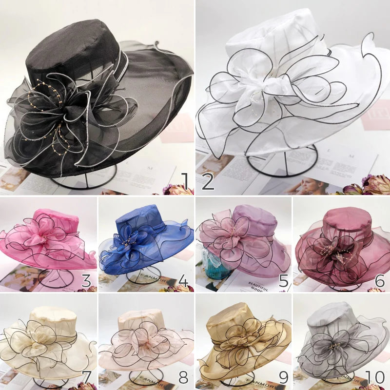 Elegant Big Brim Fedora Hats Women Organza Sun Hats Flower Lace Wide Brim Hat Lady Wedding Party Kentucky Derby Wide Church Cap