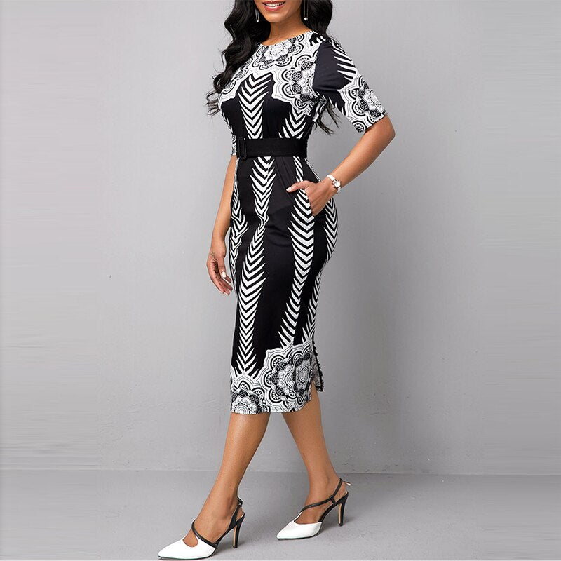 OTEN Women Elegant OL Style Half Sleeve O-Neck Belted Tribal Print Dress Elegant bodycon High Waist Formal Pencil Midi Dress