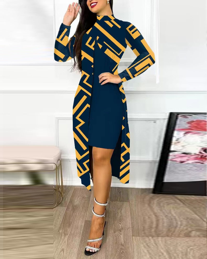 Fashion Long Sleeve Office Bodycon Midi Dress Women 2023 Autumn Bilayer Print Elegant Party Laides Dresses For Women