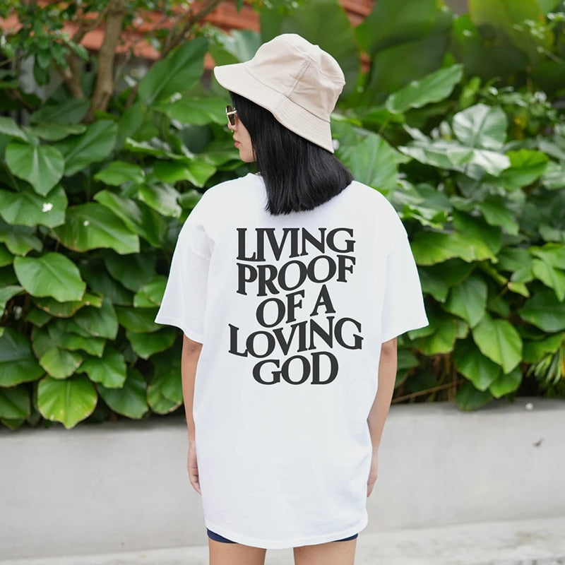 Men Women Summer Living Proof of a Loving God Print Y2k T-shirt Unisex Christian Cross Jesus Short Sleeved Tees Loose Cotton Top