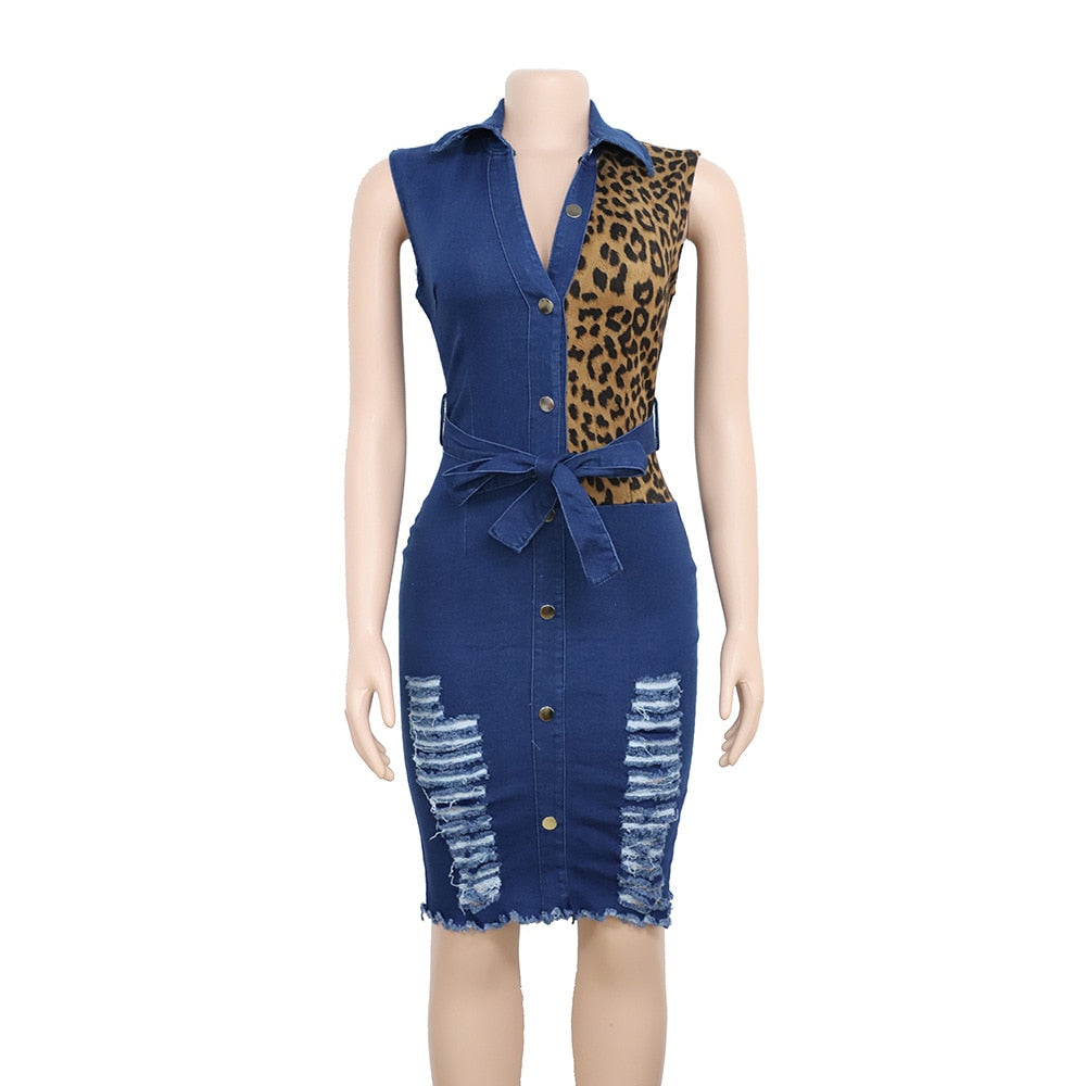 ICCLEK Elegant Women Denim Dress Plus Size Leopard Dress For Women 2023 Fashion Women'S Summer Dress Africa Clothes