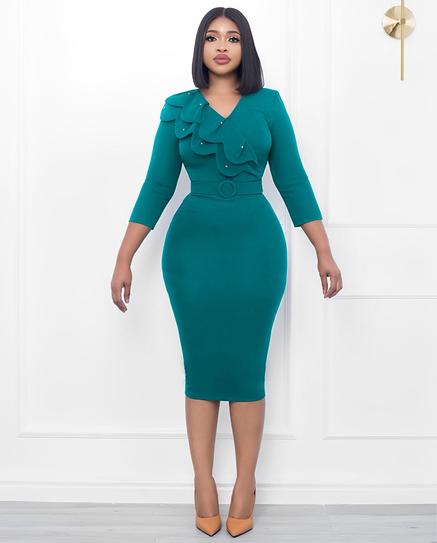 Autumn And Winter Fashion Dress Women&#39;s Solid V-Neck Long Sleeve Pencil Dress Elegant Commuter Fitted Dress