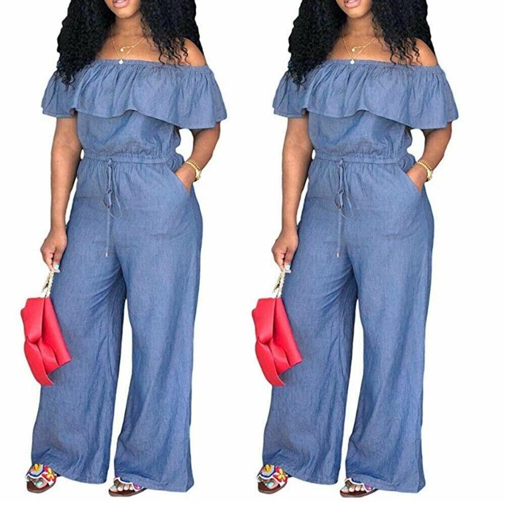 Ladies Sexy Solid Color Jumpsuit, Summer Women Off Shoulder Flouncing Casual Denim Shorts Siamese Trousers with Belt