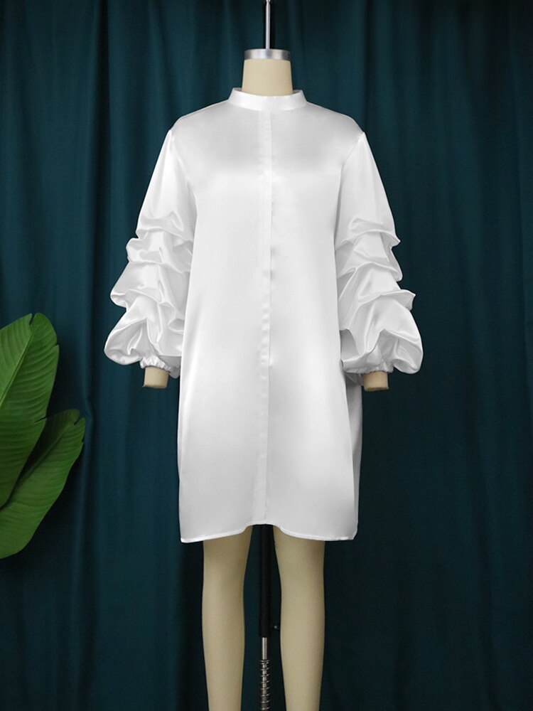 AOMEI White Loose Dress 4XL Women Long Puff Sleeves High High Collar Casual Fashion Autumn African Female Elegant Classy Gowns