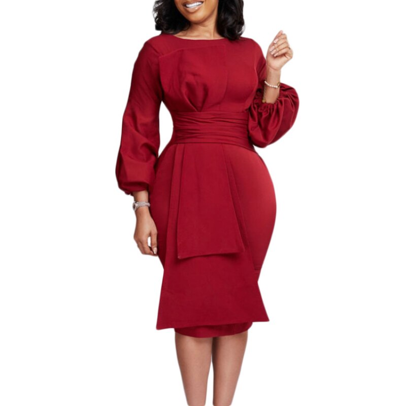 Puff Sleeve Midi Dress Women Ruffle Crew Neck Formal Party Cocktail Pencil Dress with Bow Belt  Vestidos