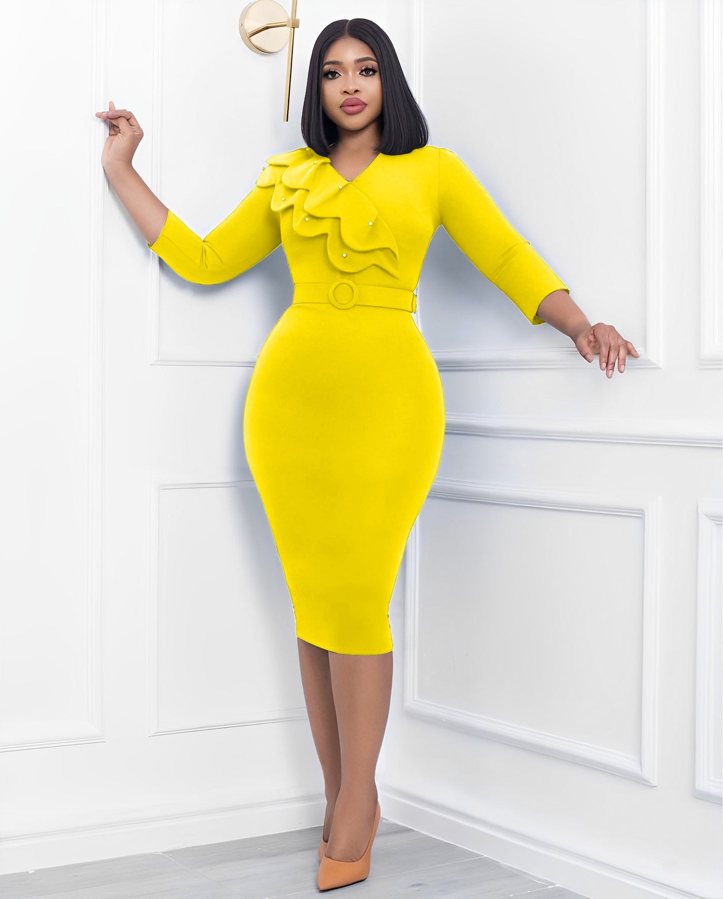 Autumn And Winter Fashion Dress Women&#39;s Solid V-Neck Long Sleeve Pencil Dress Elegant Commuter Fitted Dress