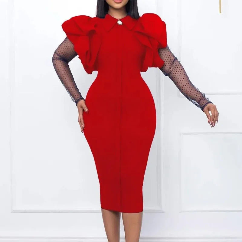 2023 African Dresses for Women Ruffles Patchwork Mesh Long Sleeve Elegant Office Ladies Work Wear Autumn Winter Midi Dress