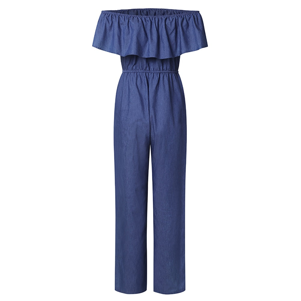 Ladies Sexy Solid Color Jumpsuit, Summer Women Off Shoulder Flouncing Casual Denim Shorts Siamese Trousers with Belt