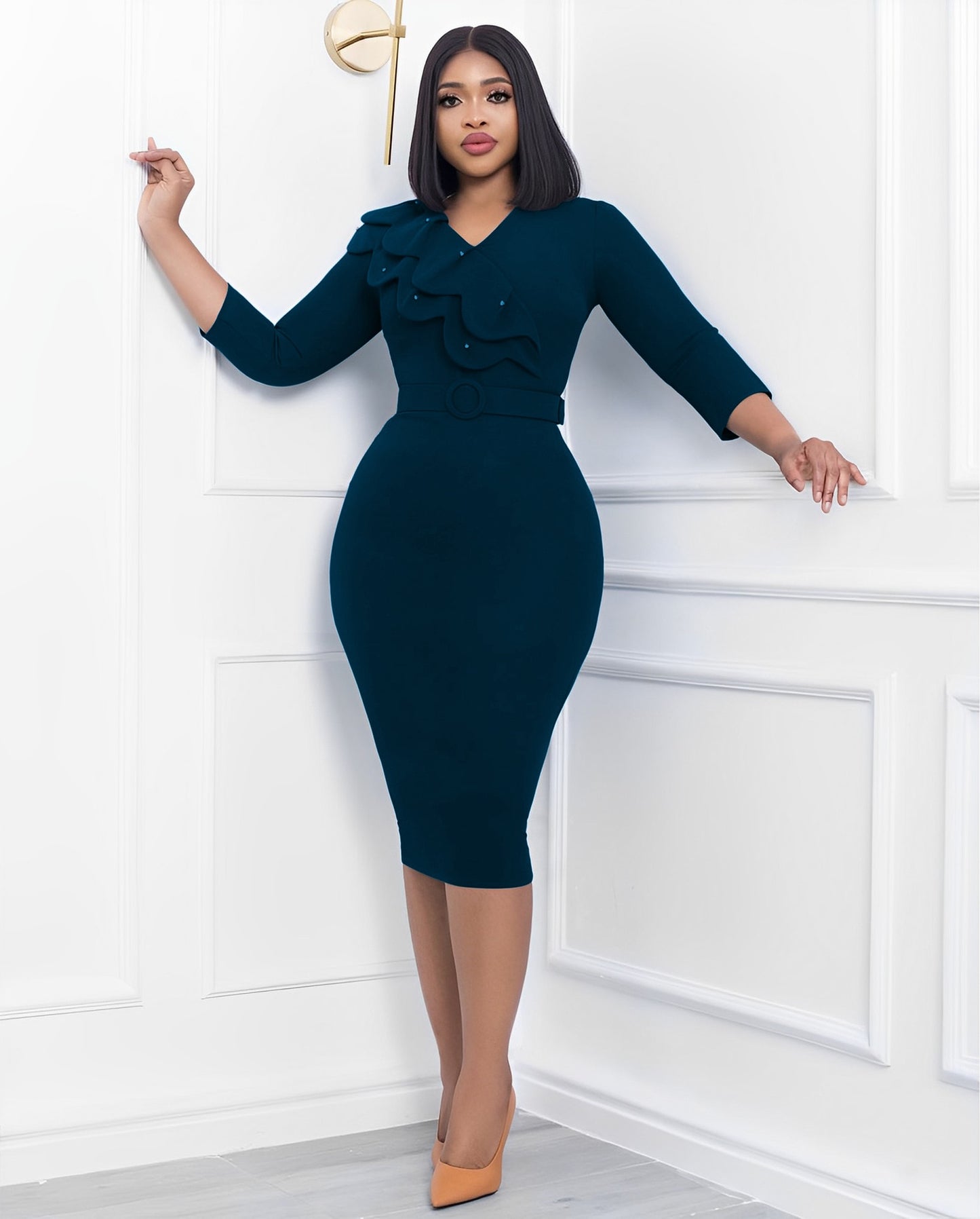 Autumn And Winter Fashion Dress Women&#39;s Solid V-Neck Long Sleeve Pencil Dress Elegant Commuter Fitted Dress