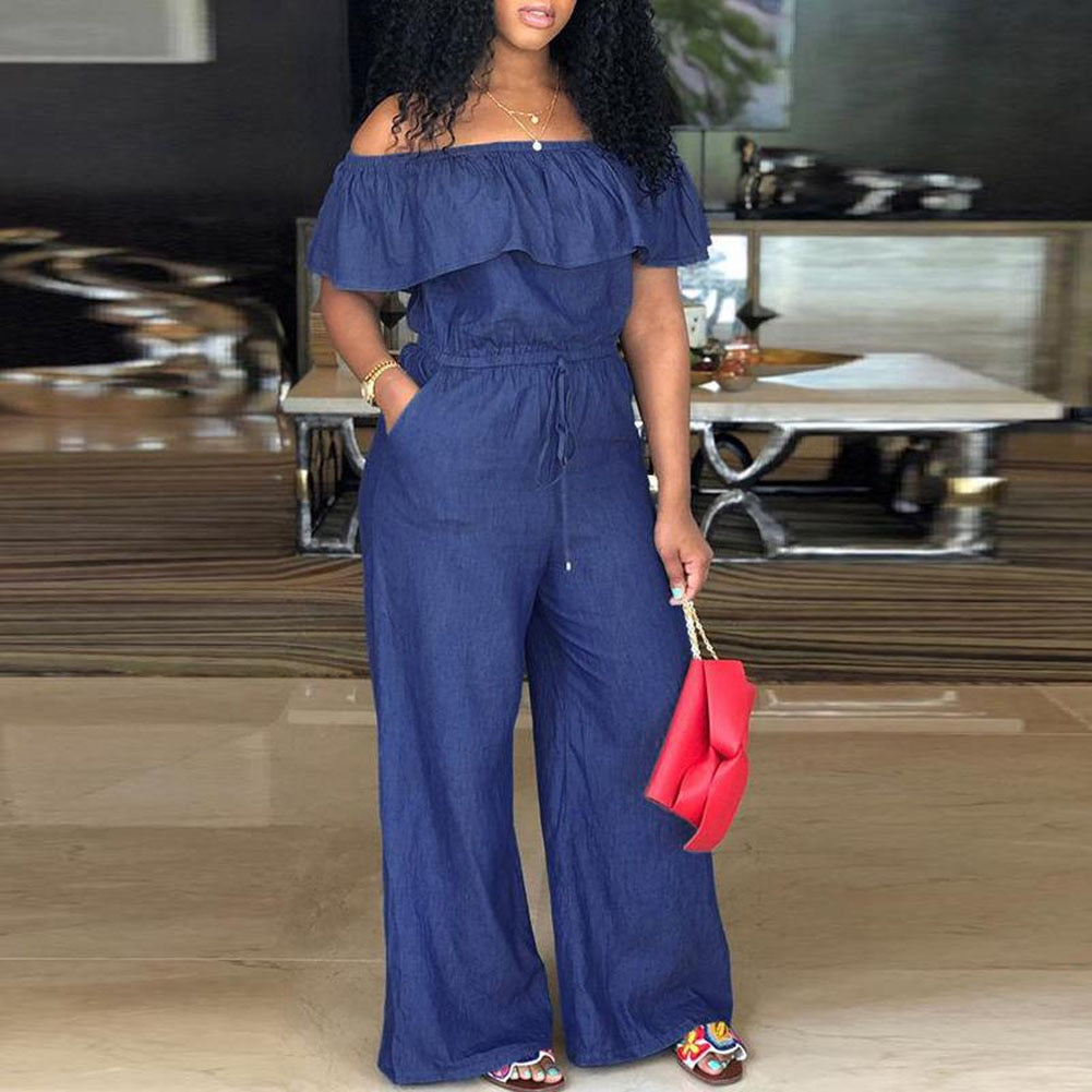 Ladies Sexy Solid Color Jumpsuit, Summer Women Off Shoulder Flouncing Casual Denim Shorts Siamese Trousers with Belt