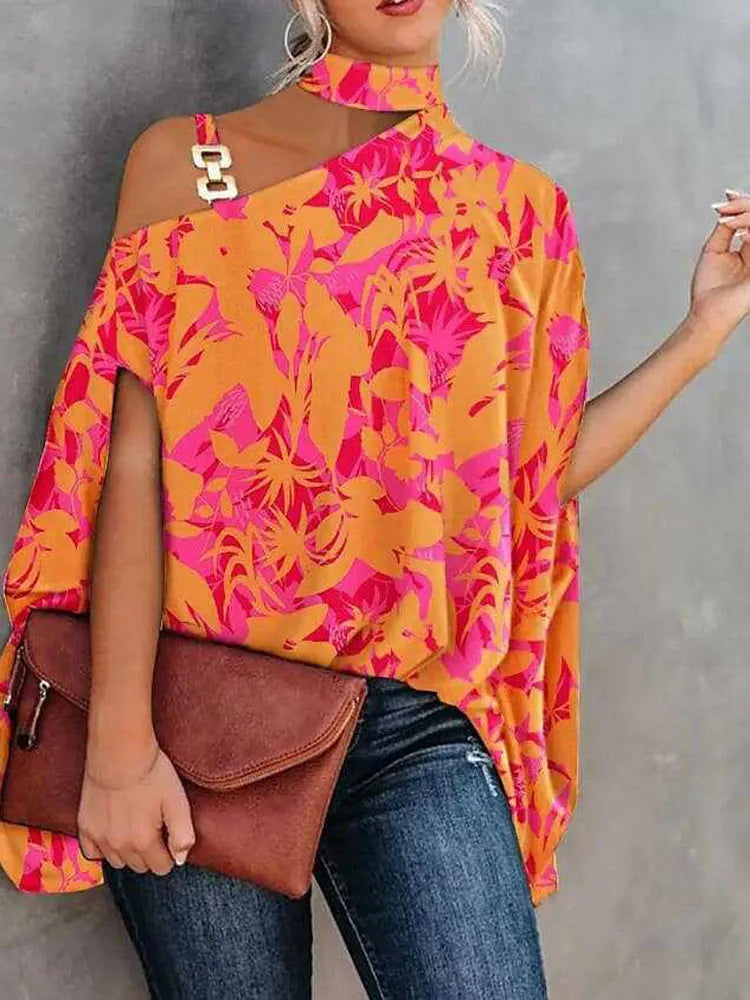 Women Floral Print Halter Sleeveless Blouse Summer Female Metal Buckle Off Shoulder Shirt Tops SZE-ST22124