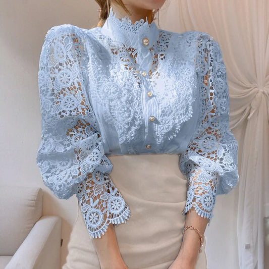 Elegant Embroidery Petal Sleeve Hollow Out Women Lace Blouse Flower Lace Patchwork Stand Collar Shirt Femme Autumn Blusas Tunic