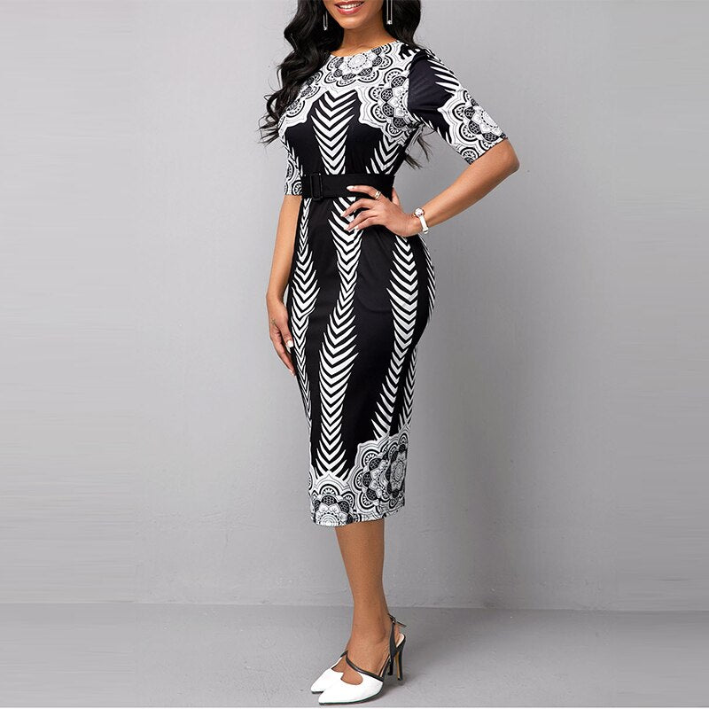 OTEN Women Elegant OL Style Half Sleeve O-Neck Belted Tribal Print Dress Elegant bodycon High Waist Formal Pencil Midi Dress