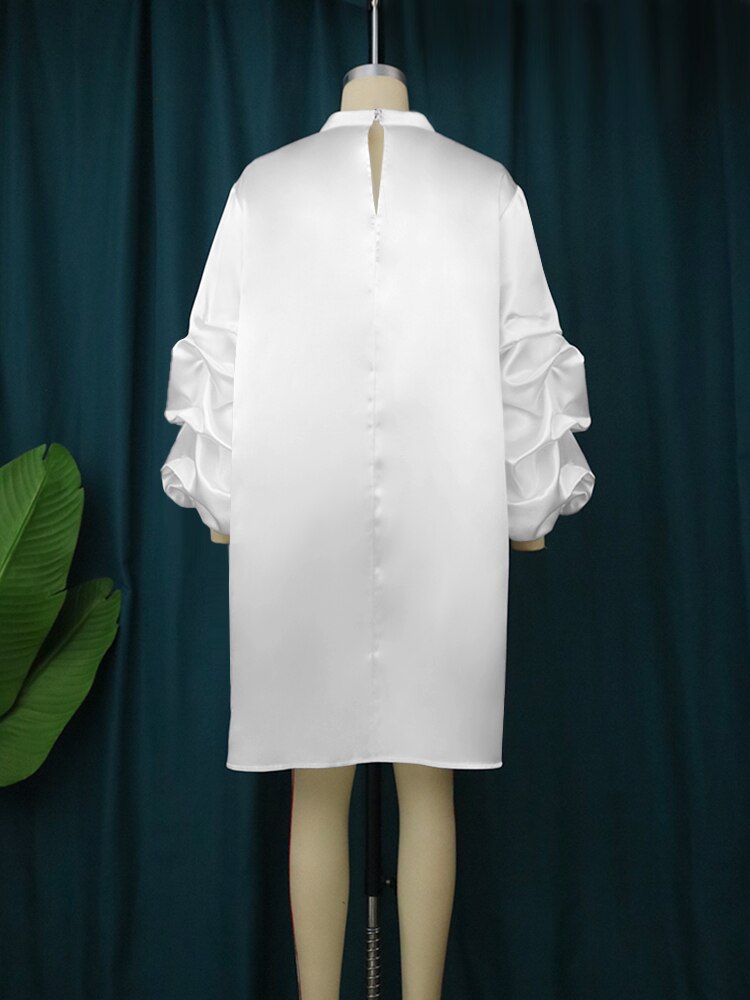 AOMEI White Loose Dress 4XL Women Long Puff Sleeves High High Collar Casual Fashion Autumn African Female Elegant Classy Gowns